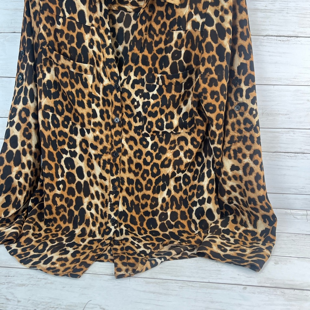 Express Portofino Shirt  Small Brown Black Leopard Button Career Casual - Picture 5 of 11